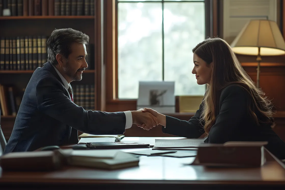 A Granite Peak attorney shaking hands with a client across the desk in the firm's warm, book-lined Helena office